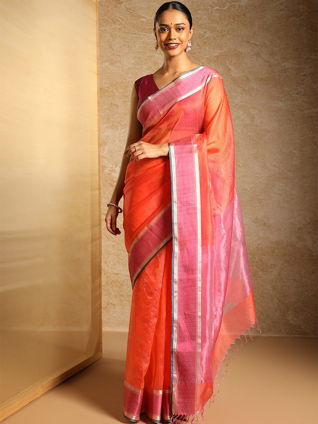 

Taneira Woven Design Zari Organza Maheshwari Saree, Orange