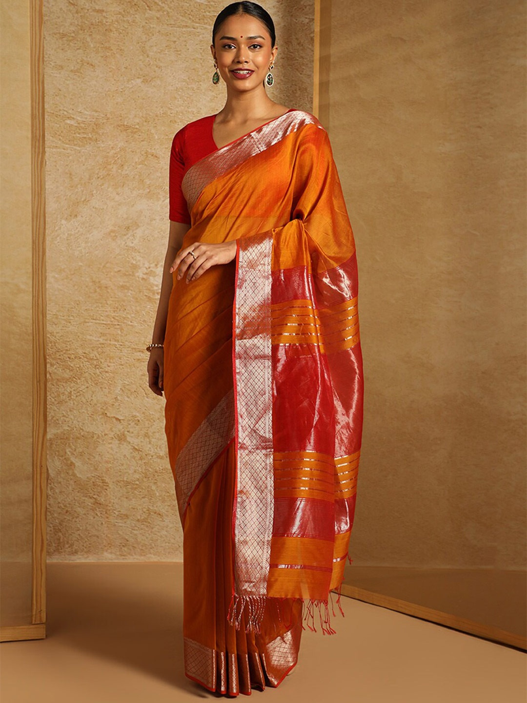 

Taneira Zari Silk Cotton Maheshwari Saree, Orange