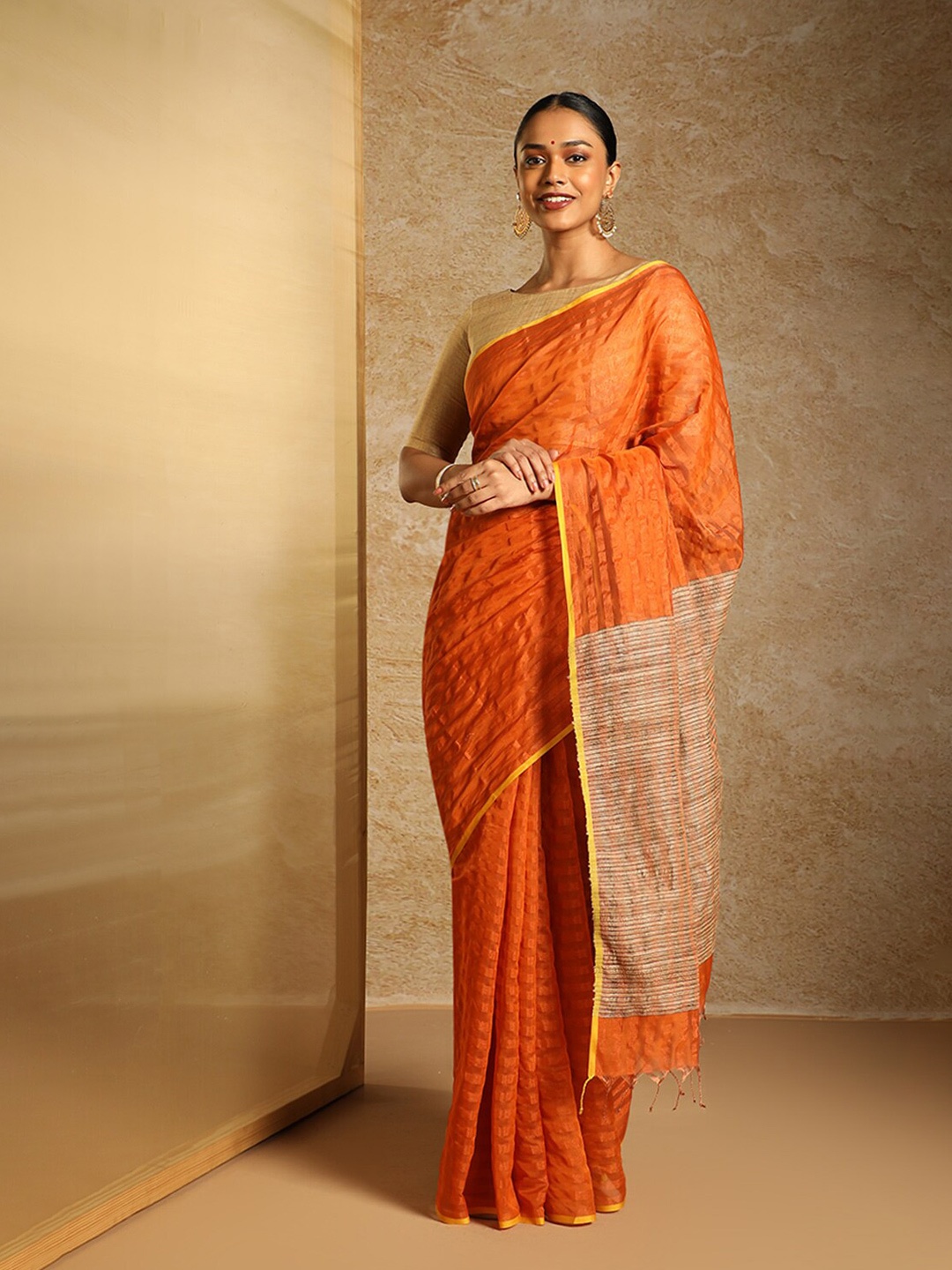 

Taneira Striped Woven Design Zari Maheshwari Saree, Orange