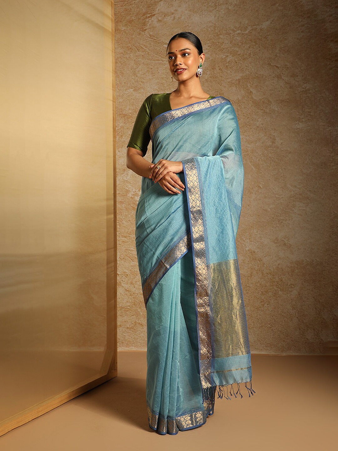 

Taneira Zari Silk Cotton Maheshwari Saree, Blue