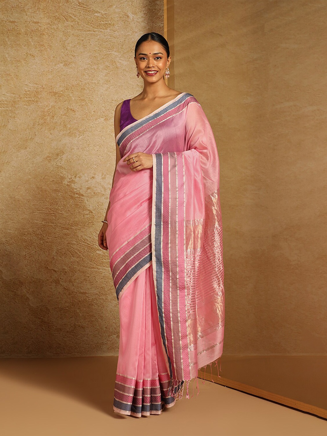 

Taneira Zari Silk Cotton Maheshwari Saree, Pink