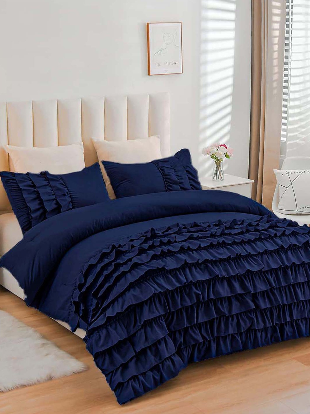 

THE WHITE MOSS River Ruffles Blue AC Room King Comforter & 2 Pillow Covers
