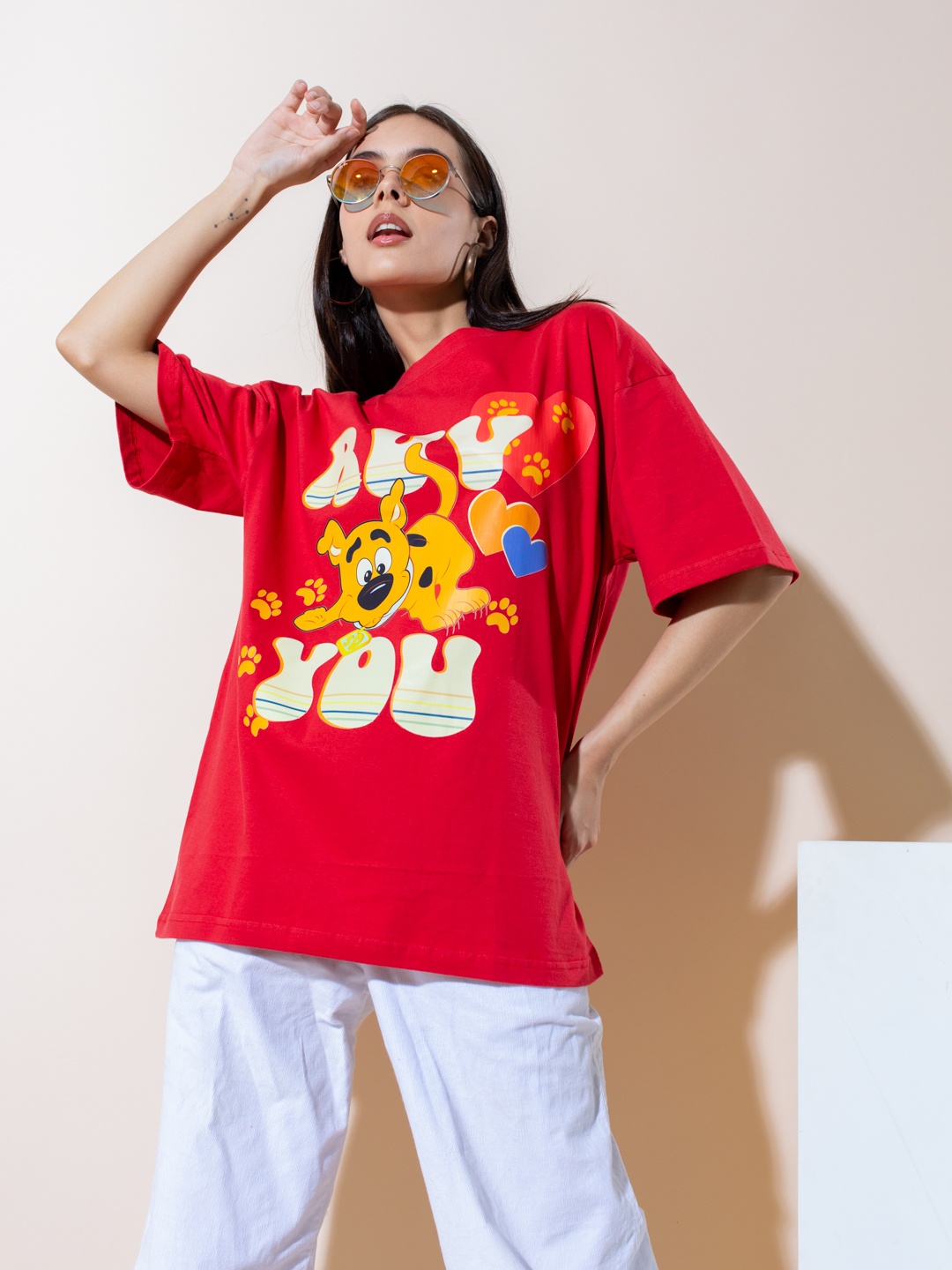 

Stylecast X Hersheinbox Printed Oversized Longline Cotton T-shirt, Red