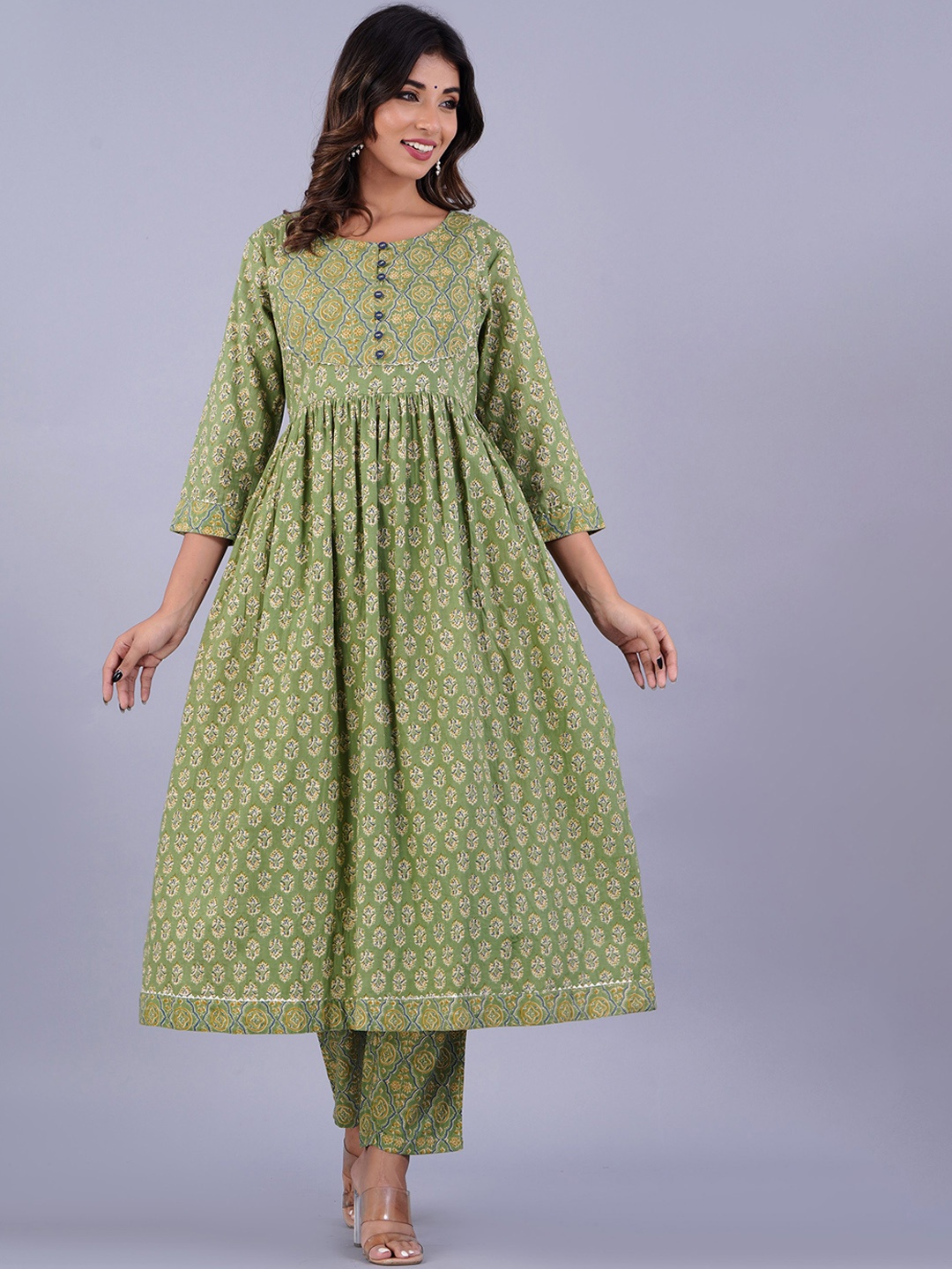 

The Kurta Express Ethnic Motif Printed A-Line Pure Cotton Kurta With Pyjamas, Green