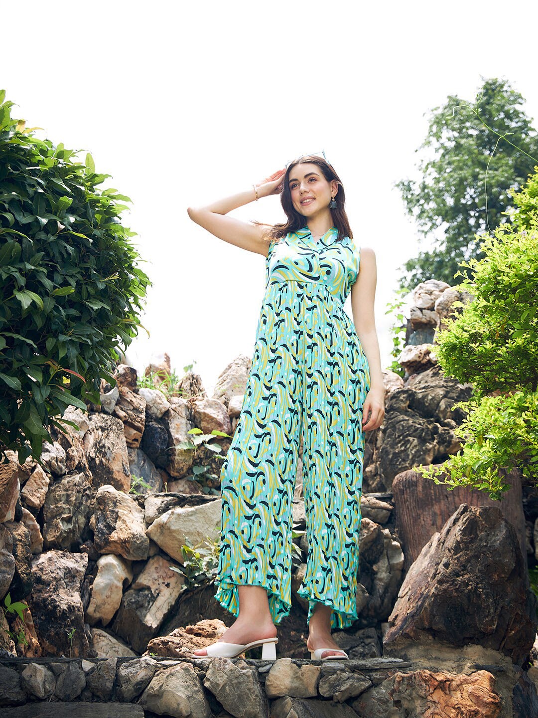 

KASSUALLY Shawl Neck Printed Basic Jumpsuit, Green