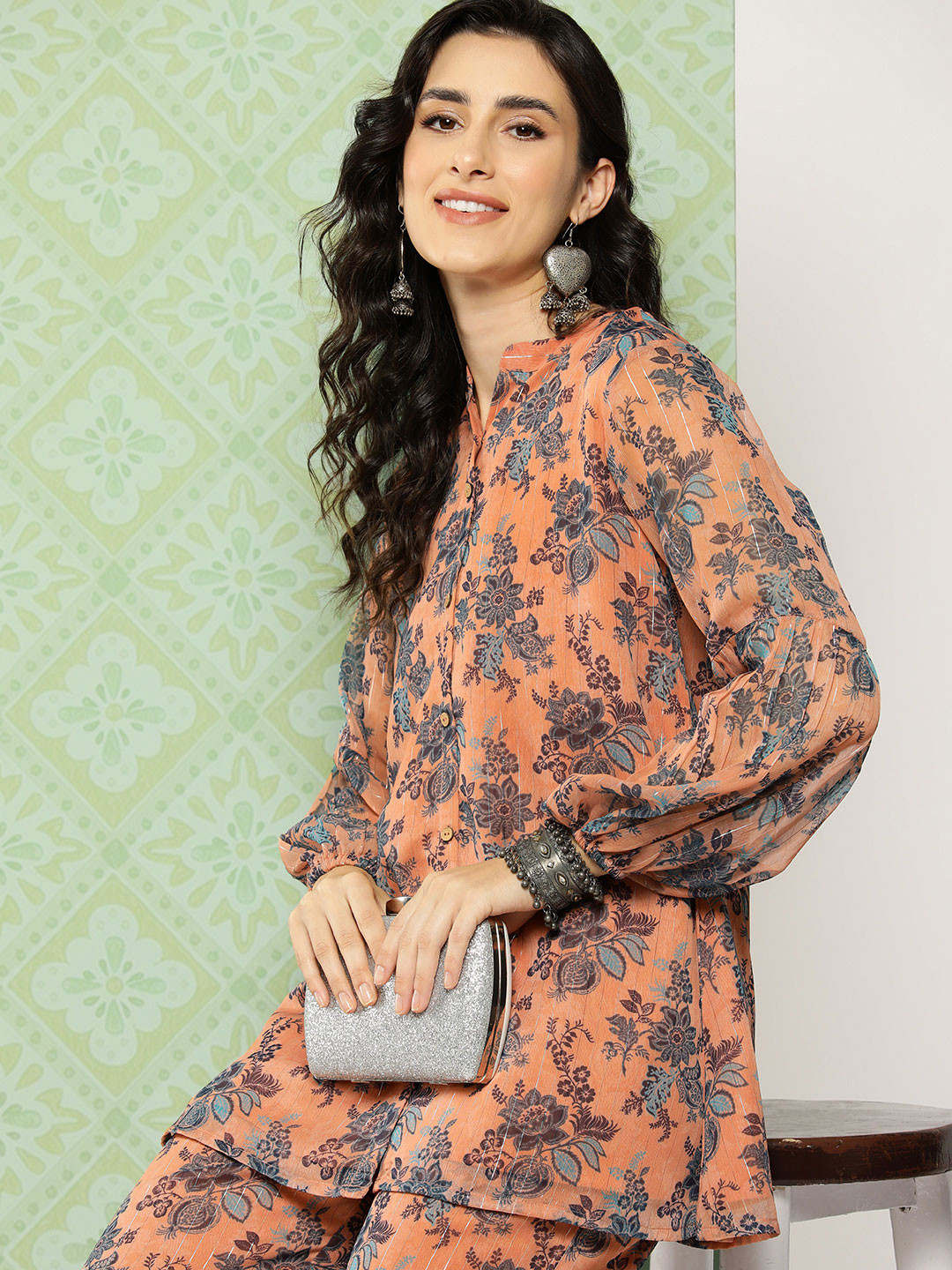 

Janasya Women Floral Printed Regular Kurti with Palazzos, Peach