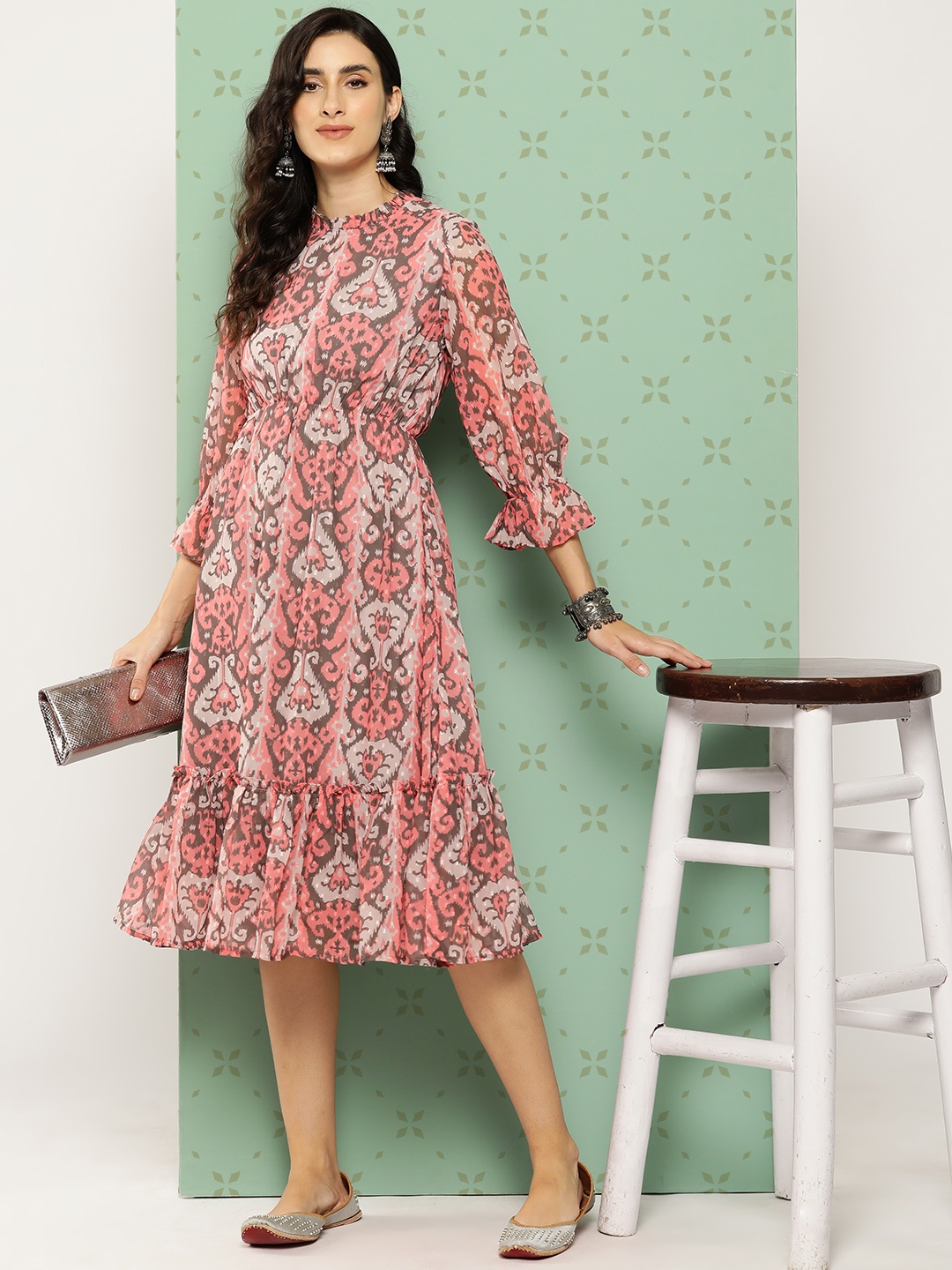 

Janasya Ethnic Motifs Print Puff Sleeve Georgette A-Line Midi Dress, Peach