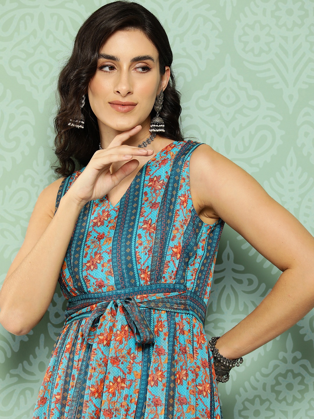 

Janasya Turquoise Blue & Orange Floral Print Chiffon A-Line Midi Dress