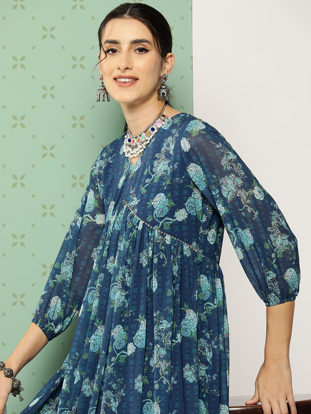 

Janasya Women Floral Printed Gotta Patti Georgette Anarkali Kurta, Blue