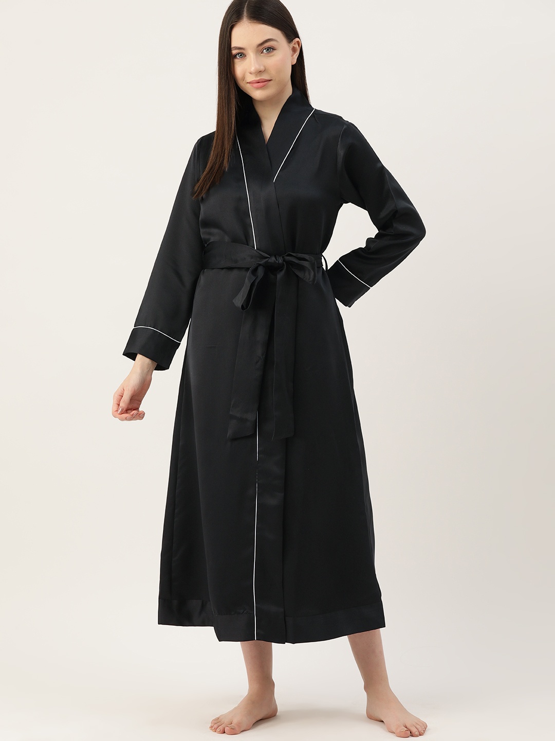 

ETC Solid Maxi Satin Robe, Black