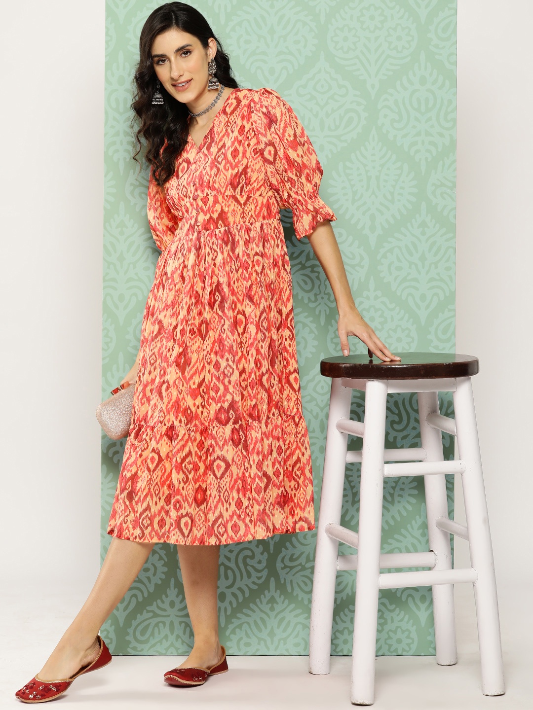 

Janasya Orange Ethnic Motifs Print Puff Sleeve Georgette A-Line Midi Dress