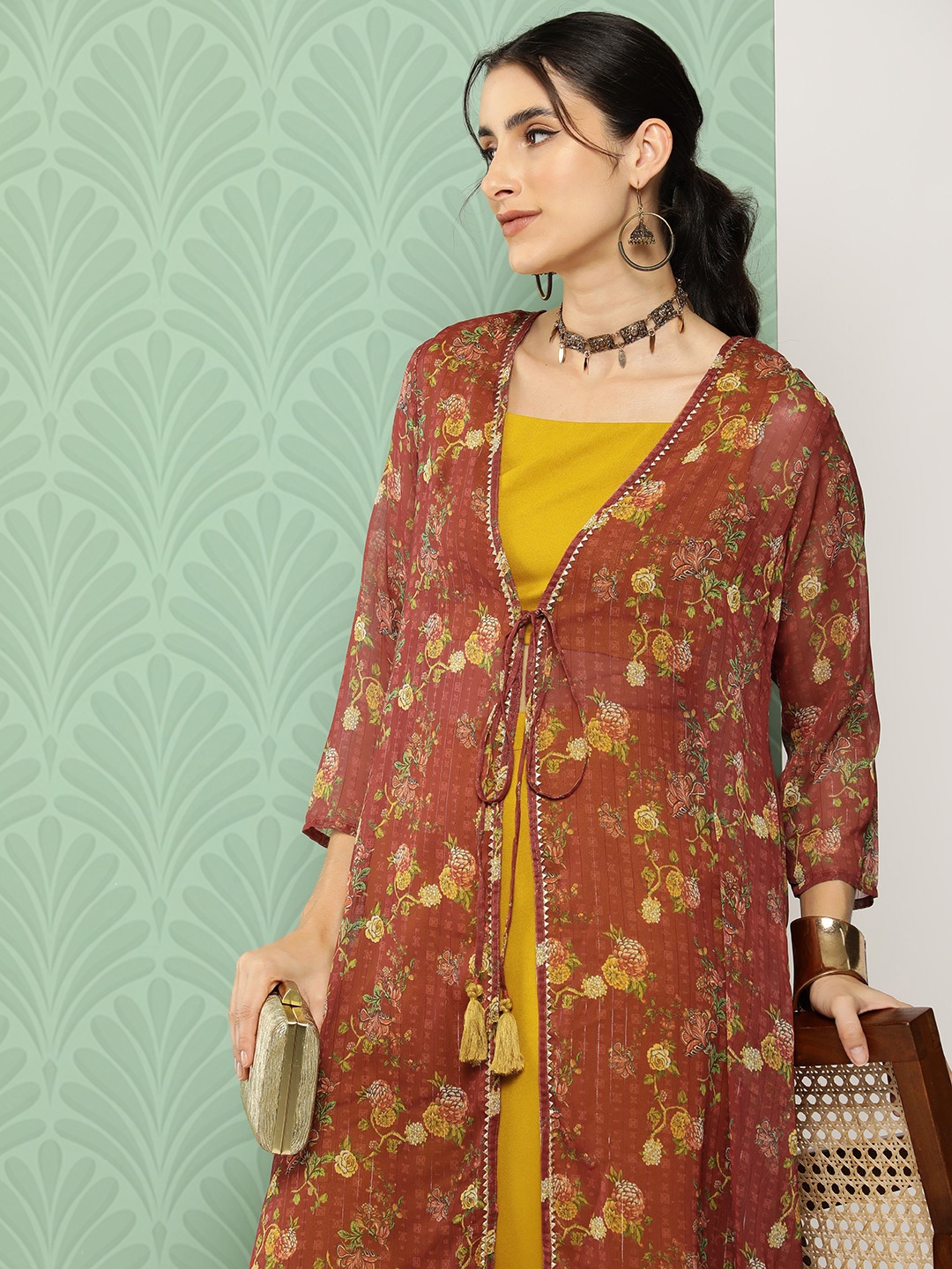 

Janasya Women Regular Gotta Patti Top with Trousers & Shrug, Mustard