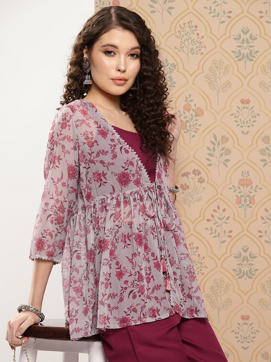 

Janasya Women Solid Shoulder Straps Crop Top & Trousers with Floral Print Shrug, Burgundy