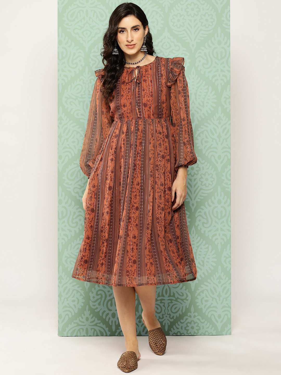 

Janasya Floral Print Tie-Up Neck Puff Sleeve Chiffon A-Line Midi Dress, Rust