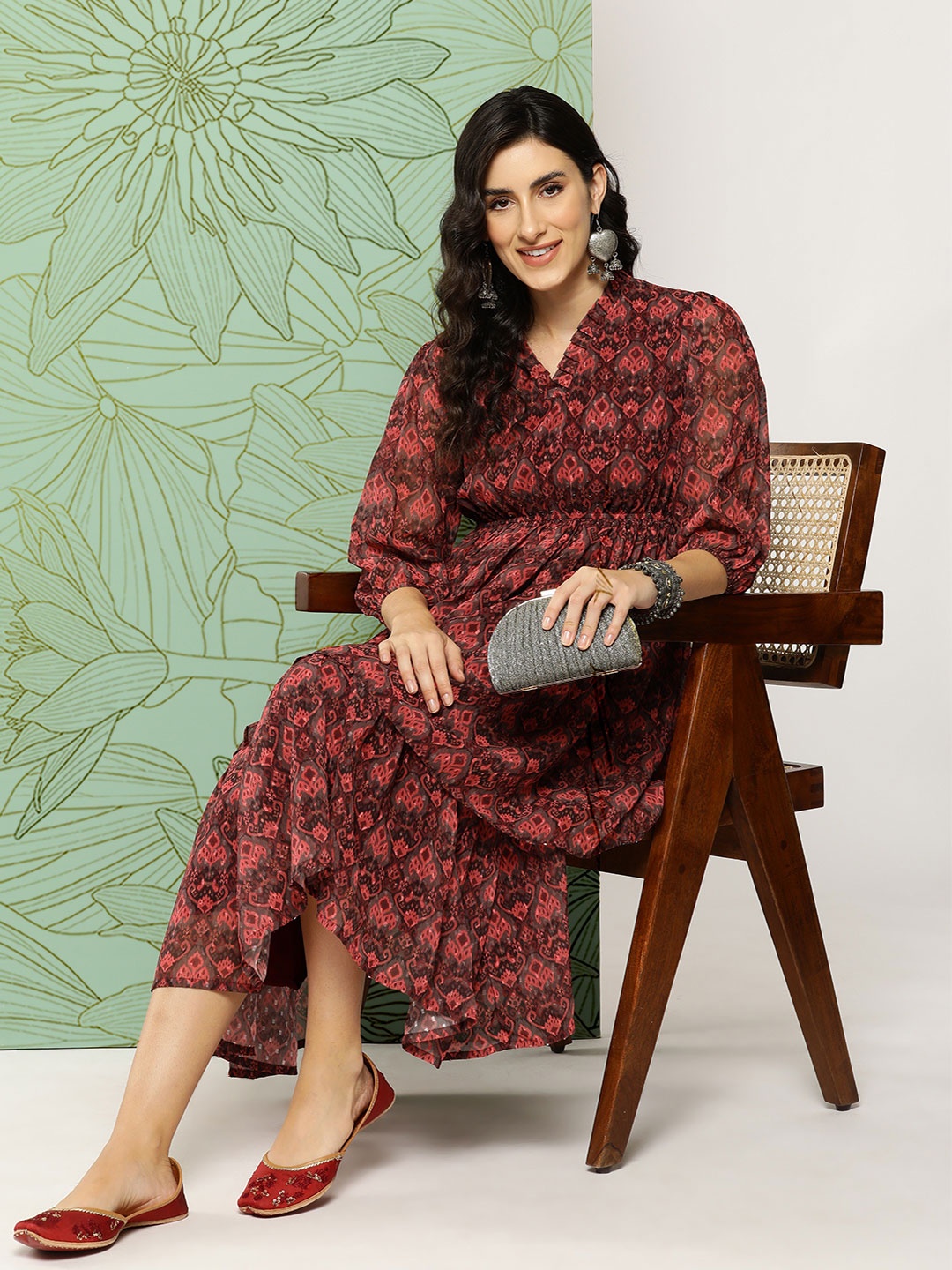 

Janasya Ethnic Motifs Print Puff Sleeve Georgette Midi Dress, Brown