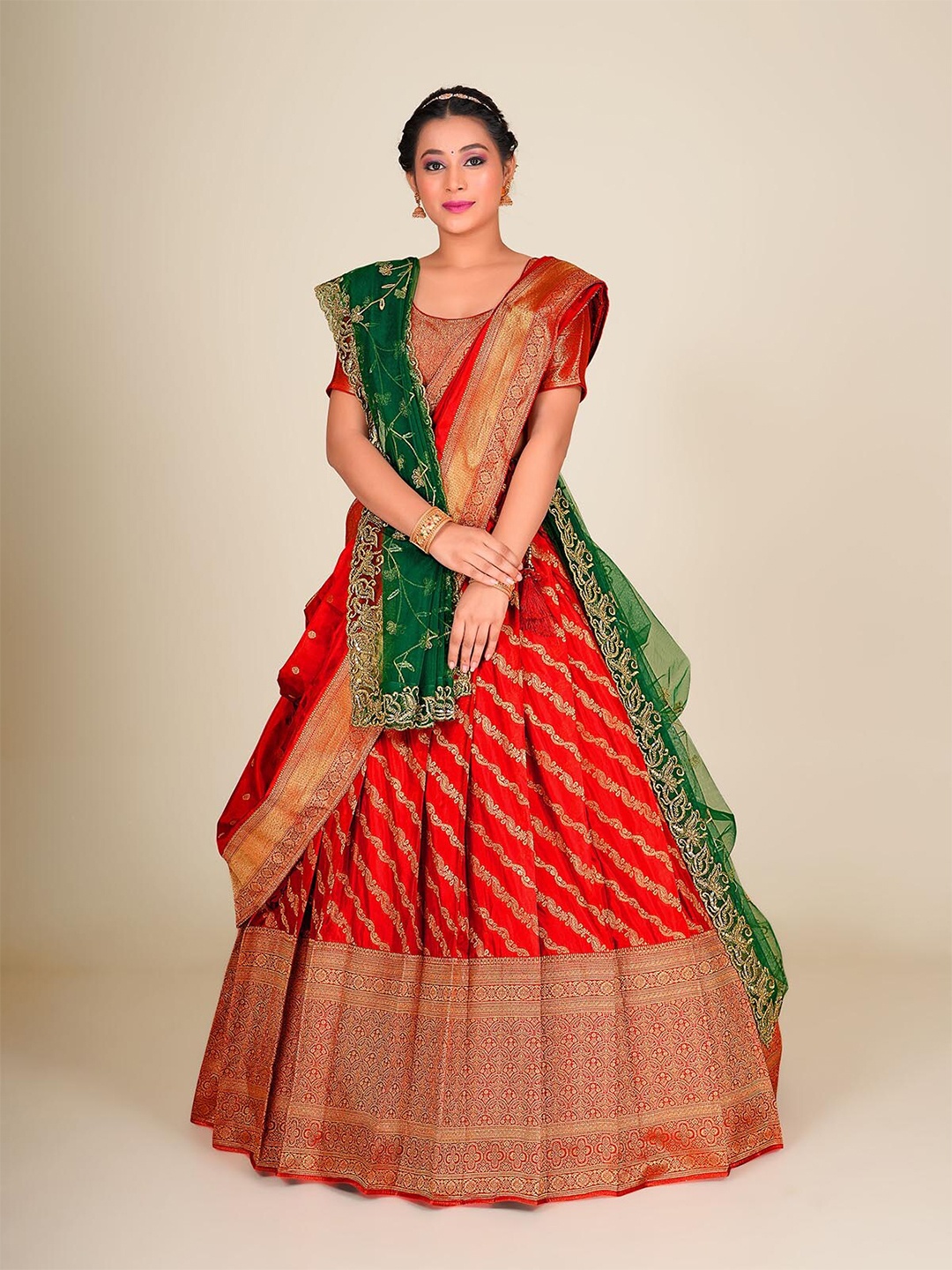 

HALFSAREE STUDIO Woven Design Silk Semi-Stitched Lehenga & Unstitched Blouse With Dupatta, Red