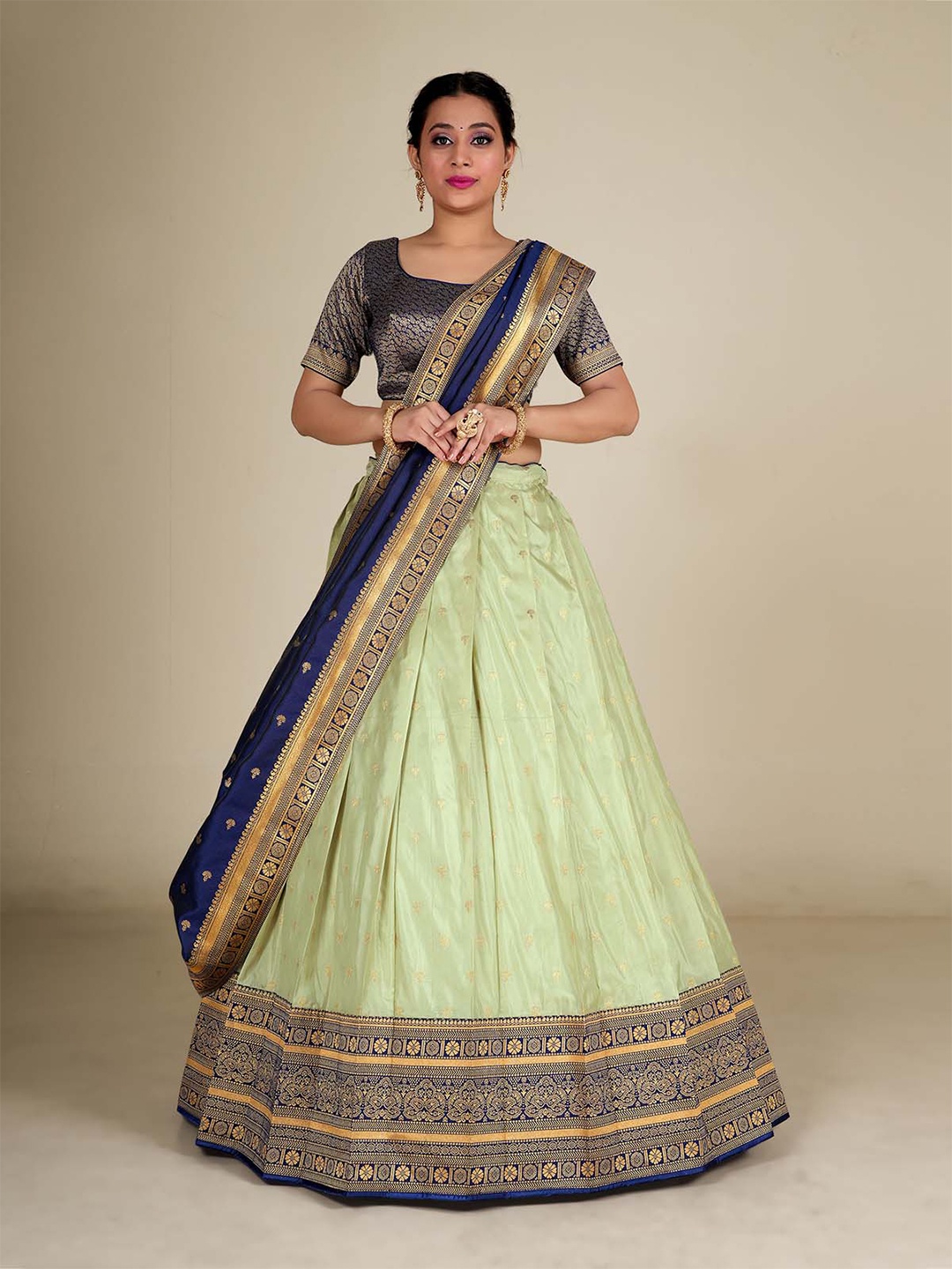 

HALFSAREE STUDIO Woven Design Semi-Stitched Lehenga & Unstitched Blouse With Dupatta, Sea green