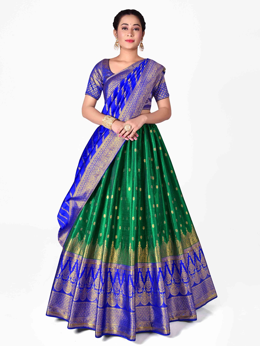 

HALFSAREE STUDIO Woven Design Silk Semi-Stitched Lehenga & Unstitched Blouse With Dupatta, Green