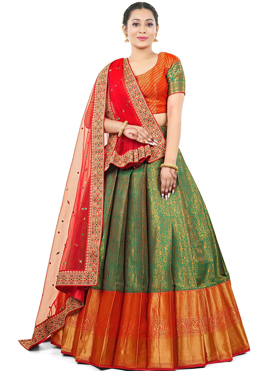 

HALFSAREE STUDIO Woven Design Semi-Stitched Lehenga & Unstitched Blouse With Dupatta, Green