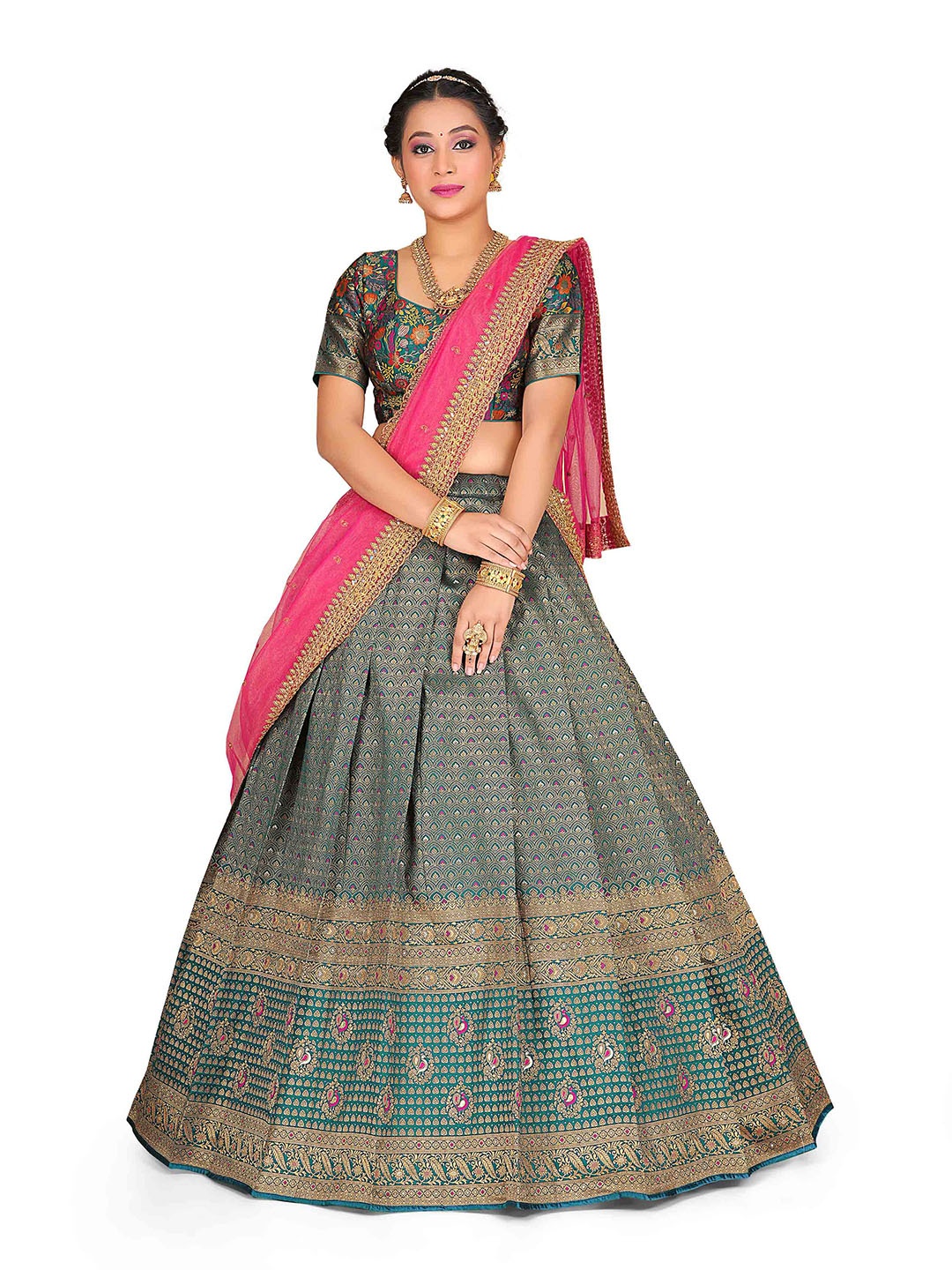 

HALFSAREE STUDIO Woven Design Semi-Stitched Lehenga & Unstitched Blouse With Dupatta, Teal