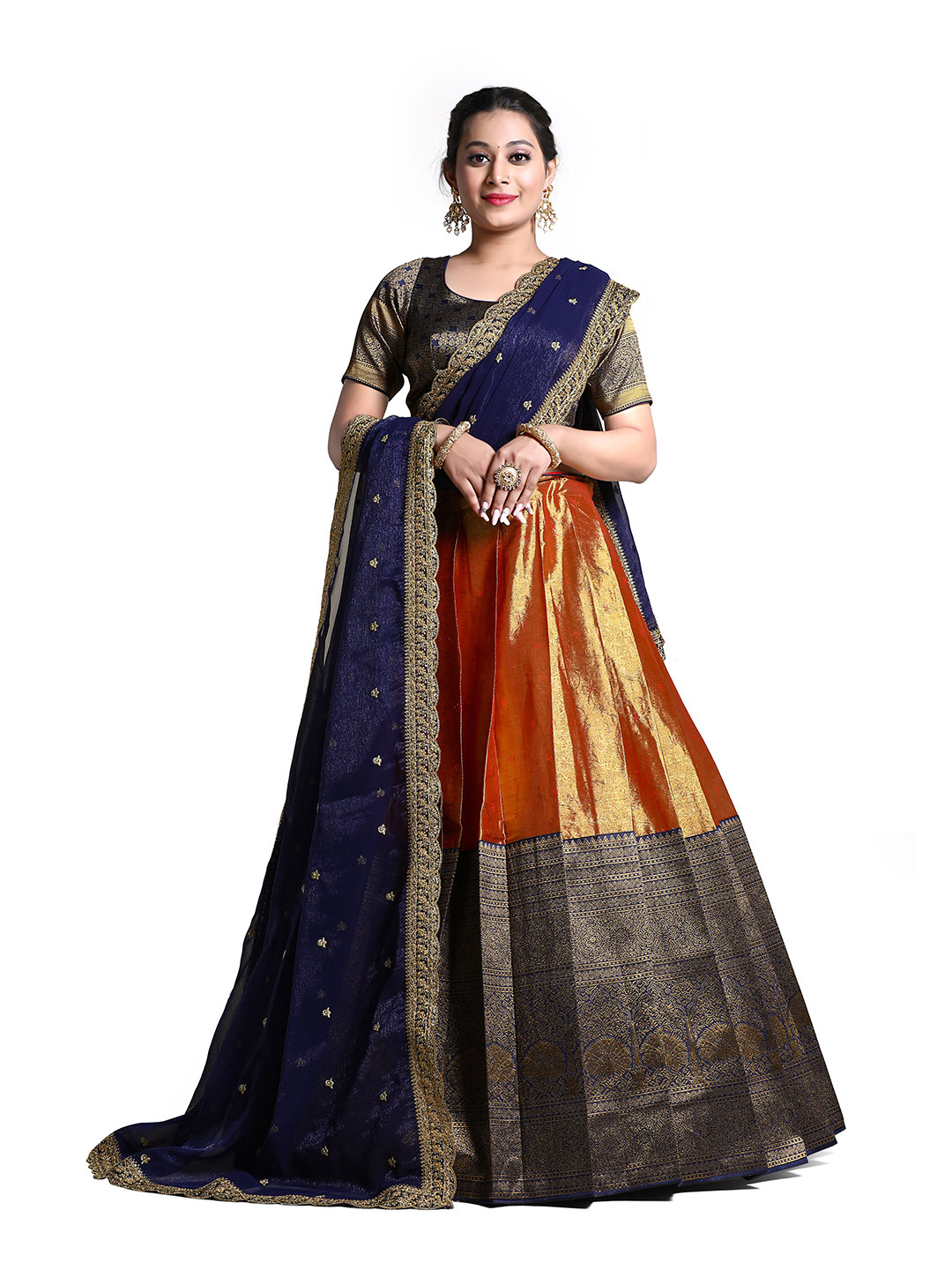 

HALFSAREE STUDIO Woven Design Silk Semi-Stitched Lehenga & Unstitched Blouse With Dupatta, Navy blue