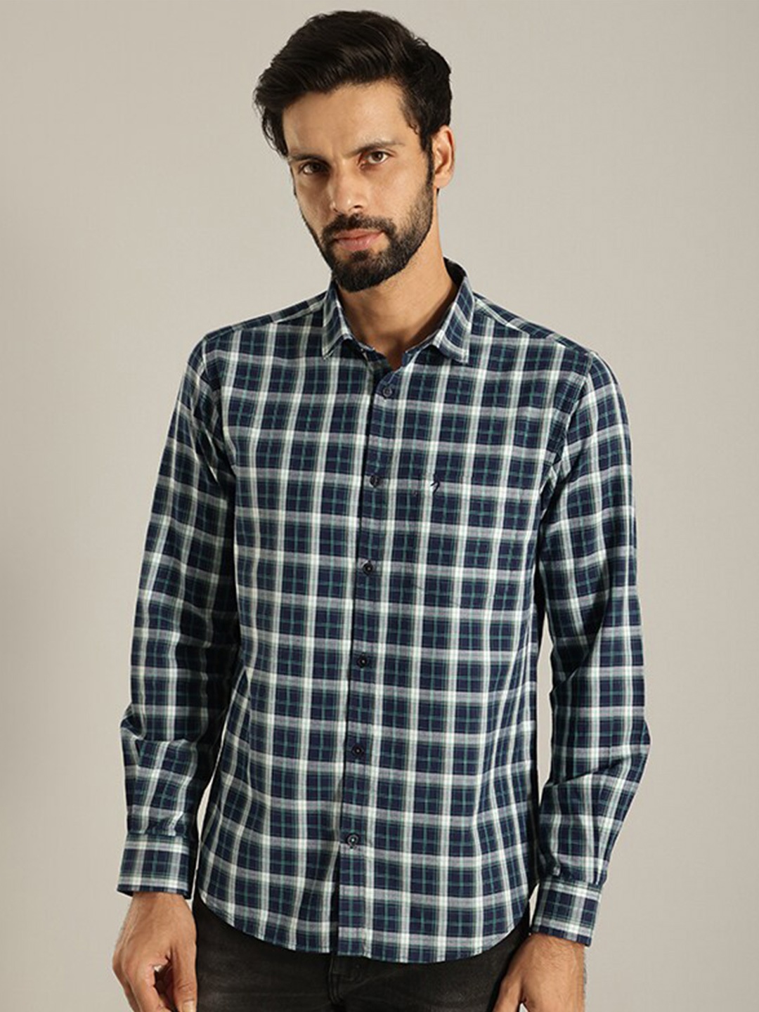 

Indian Terrain India Slim Tartan Checked Pure Cotton Casual Shirt, Blue