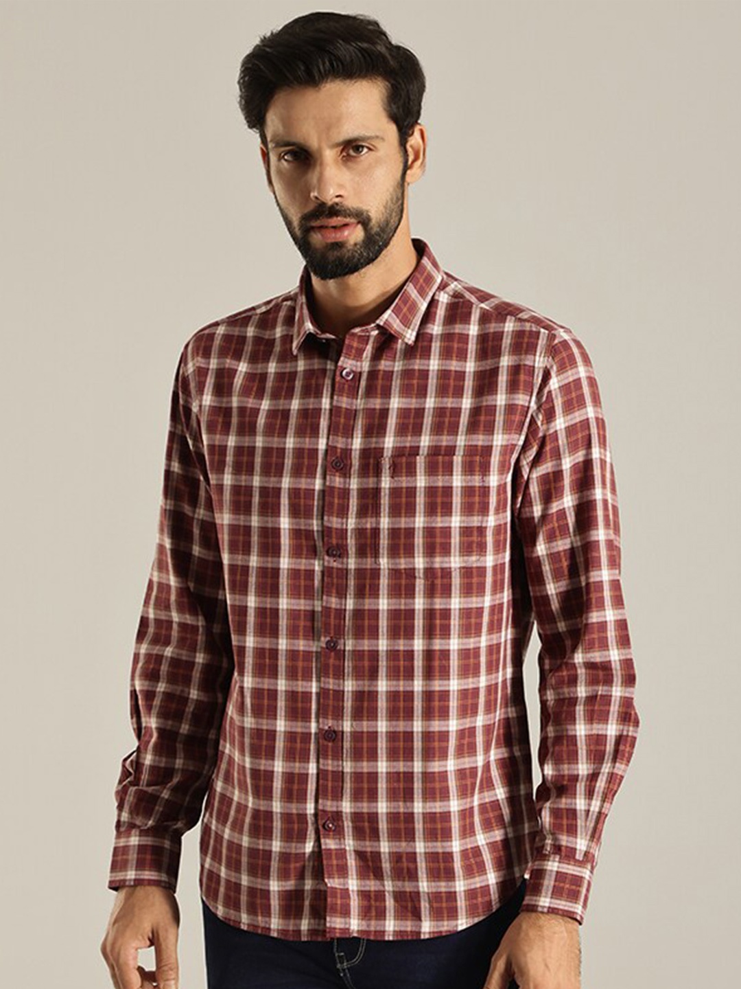 

Indian Terrain Slim Fit Tartan Checks Checked Pure Cotton Casual Shirt, Red