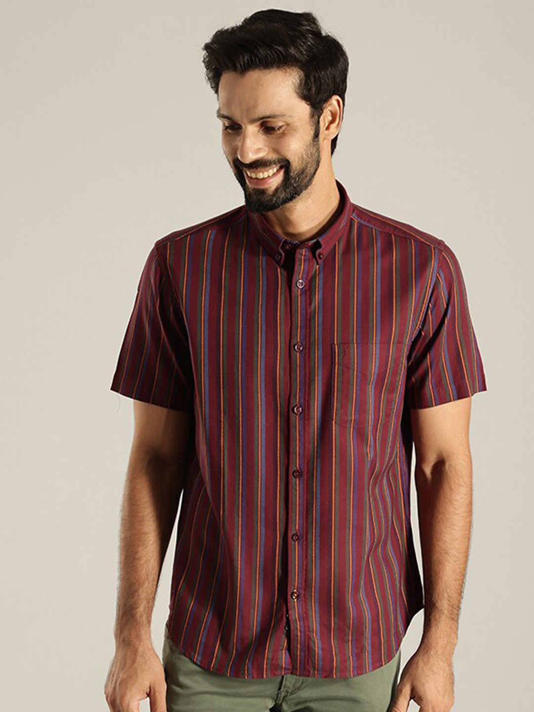 

Indian Terrain India Slim Vertical Striped Button-Down Collar Pure Cotton Casual Shirt, Burgundy