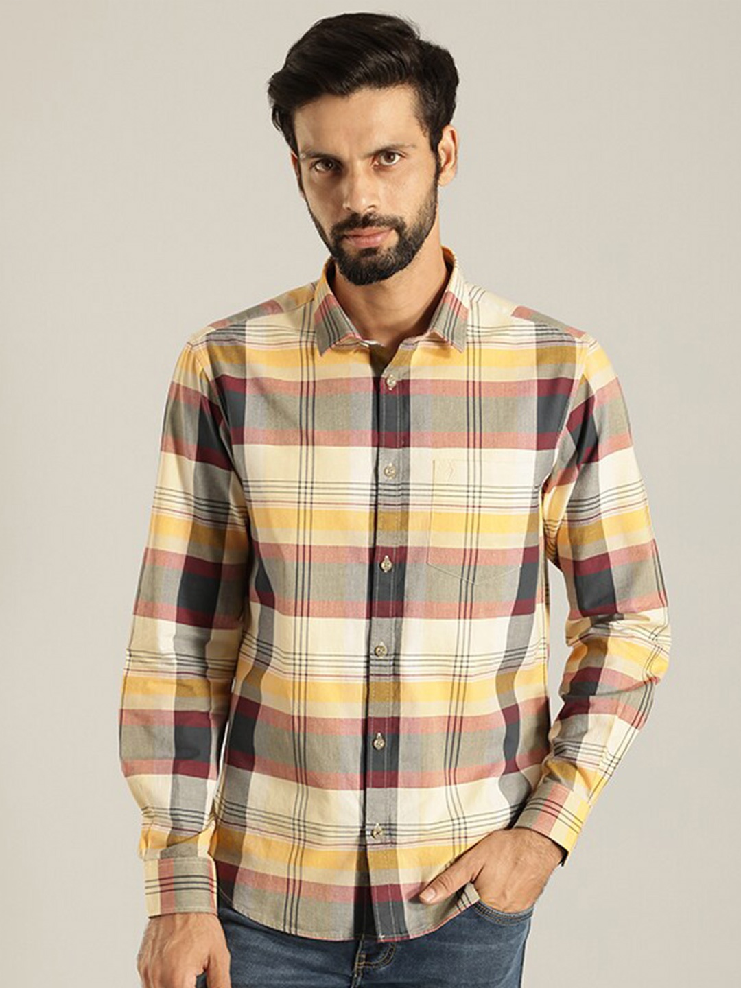 

Indian Terrain India Slim Slim Fit Tartan Checked Pure Cotton Casual Shirt, Beige