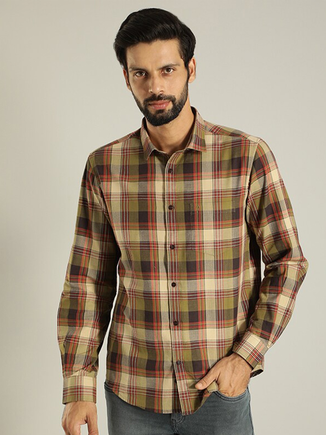 

Indian Terrain Tartan Checked India Slim Fit Pure Cotton Casual Shirt, Green