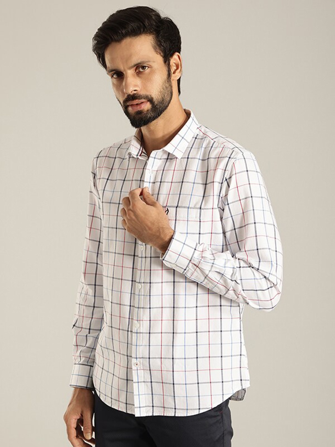 

Indian Terrain India Slim Slim Fit Checked Printed Spread Collar Cotton Casual Shirt, White