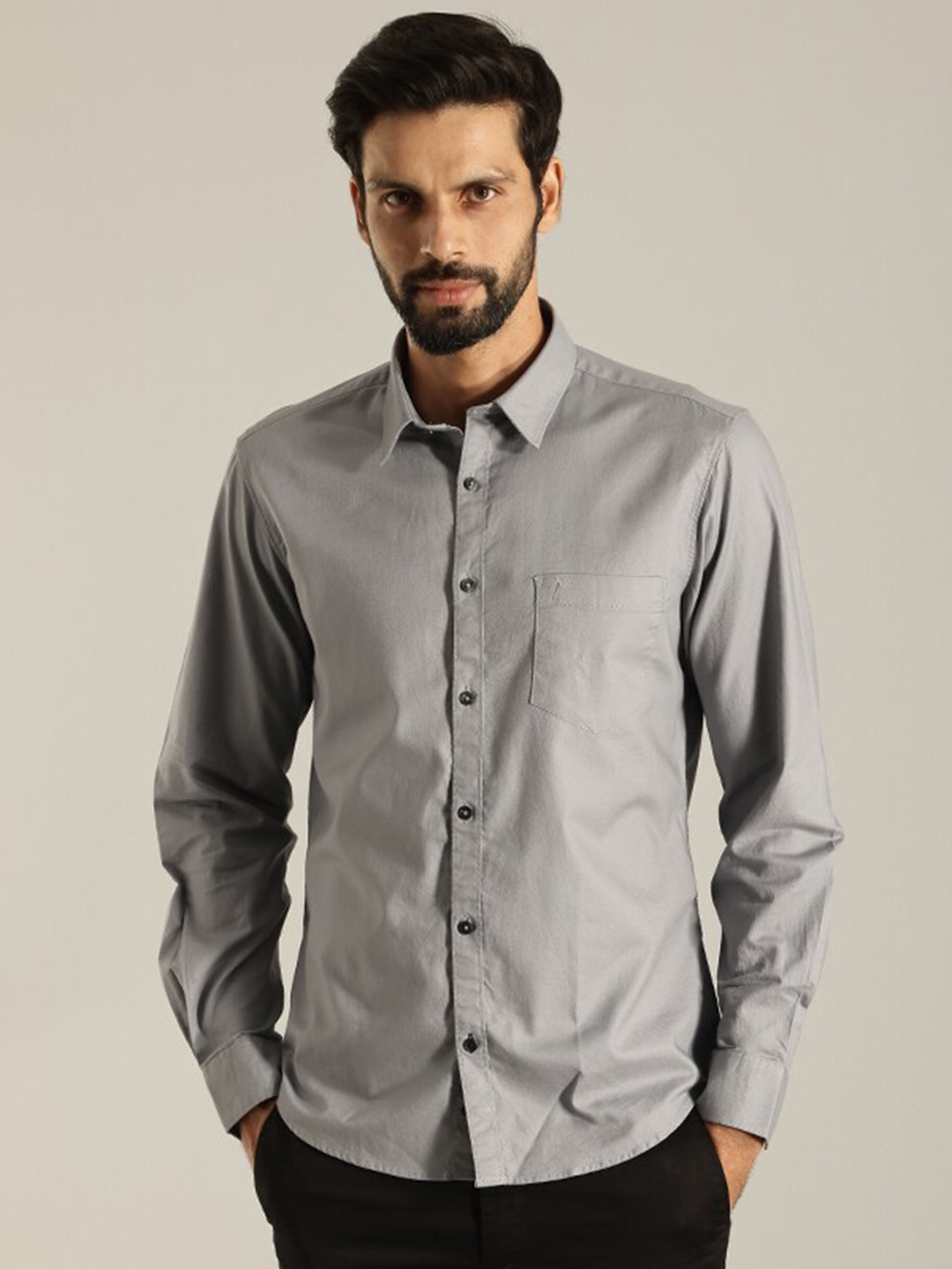 

Indian Terrain Slim Fit Spread Collar Pure Cotton Casual Shirt, Grey