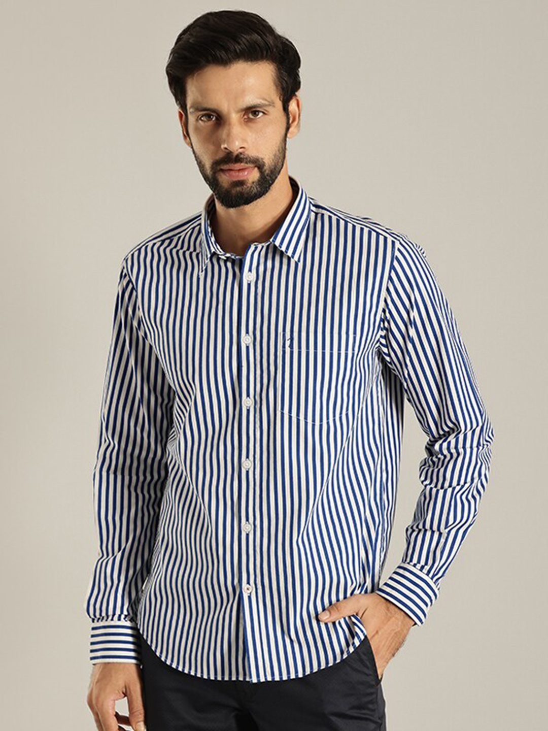 

Indian Terrain India Slim Vertical Striped Spread Collar Pure Cotton Casual Shirt, Blue