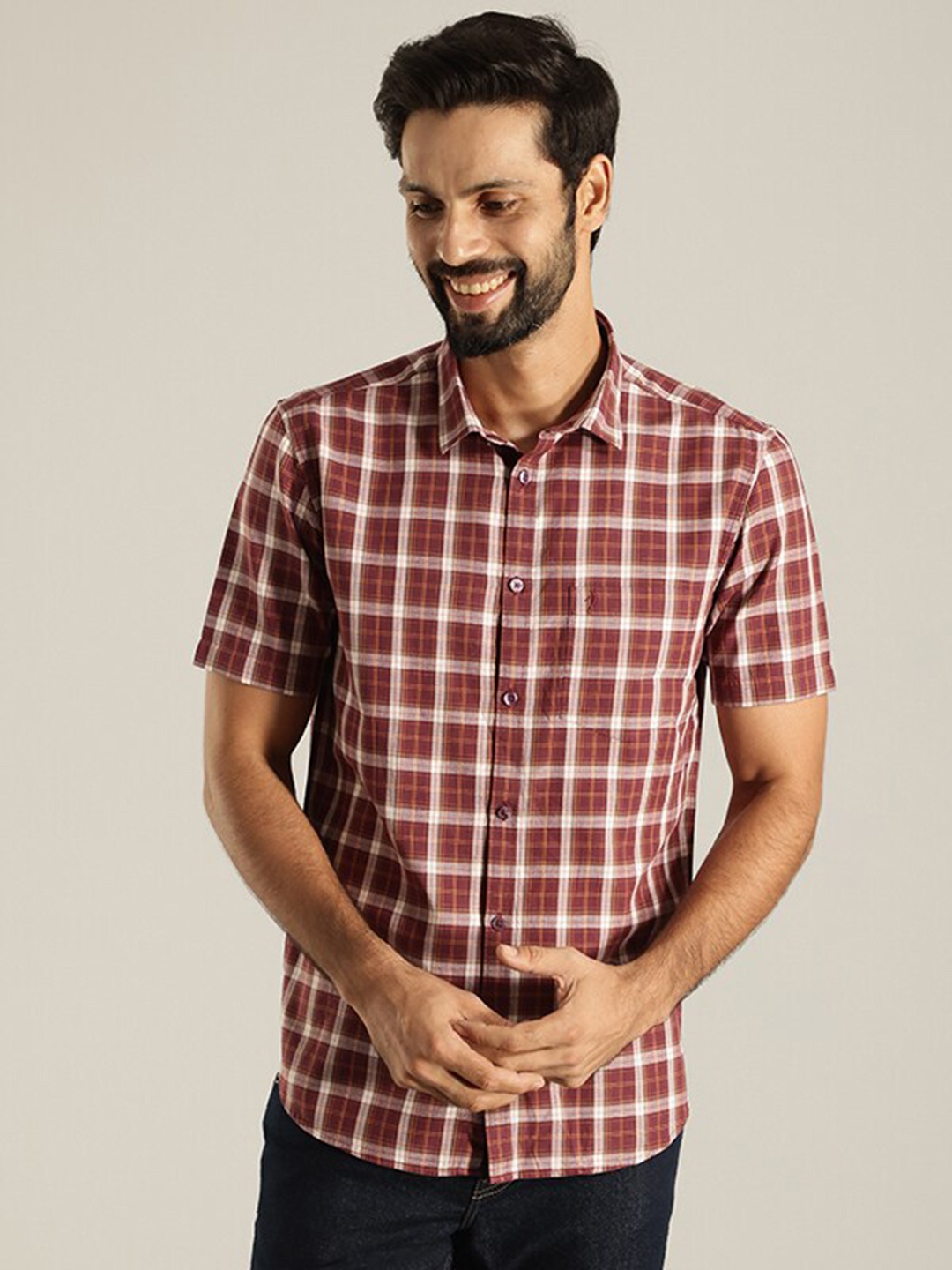 

Indian Terrain India Slim Tartan Checks Pure Cotton Casual Shirt, Red