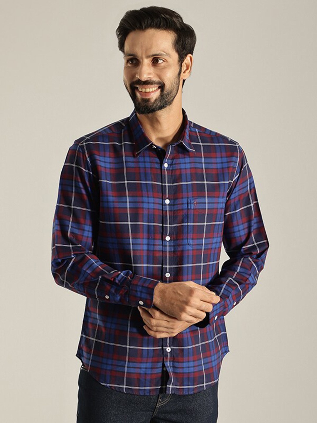 

Indian Terrain India Slim Fit Tartan Checked Casual Pure Cotton Shirt, Red