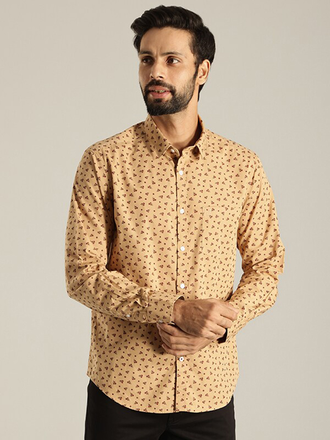 

Indian Terrain Slim Fit Micro Ditsy Printed Pure Cotton Casual Shirt, Brown