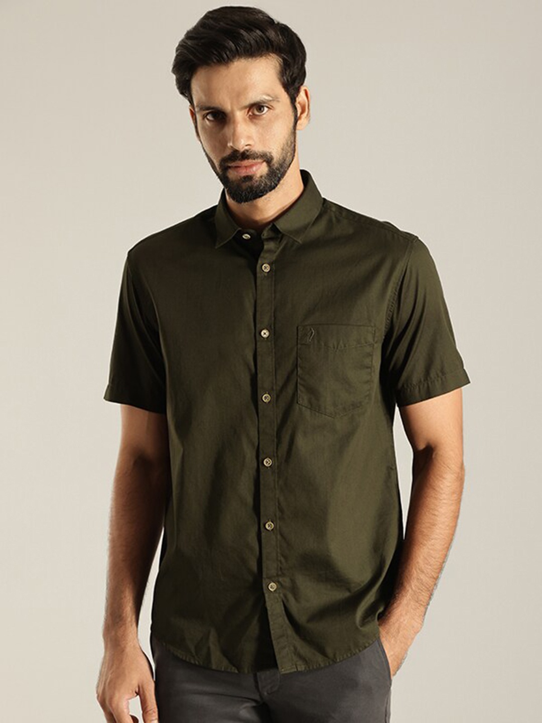 

Indian Terrain Spread Collar India Slim Pure Cotton Casual Shirt, Green