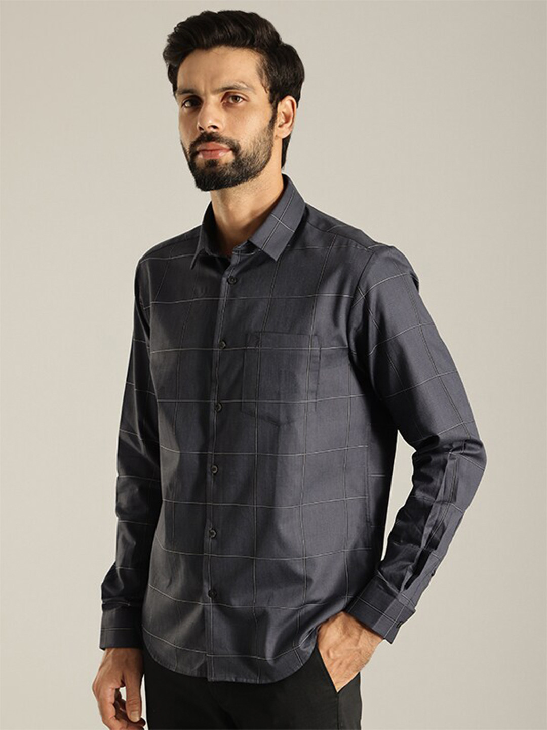 

Indian Terrain India Slim Fit Opaque Checked Casual Pure Cotton Shirt, Black
