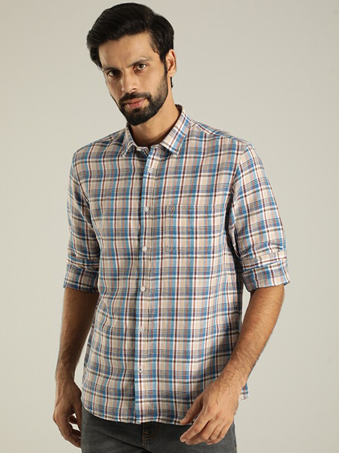 

Indian Terrain India Slim Tartan Checked Cotton Linen Casual Shirt, Blue