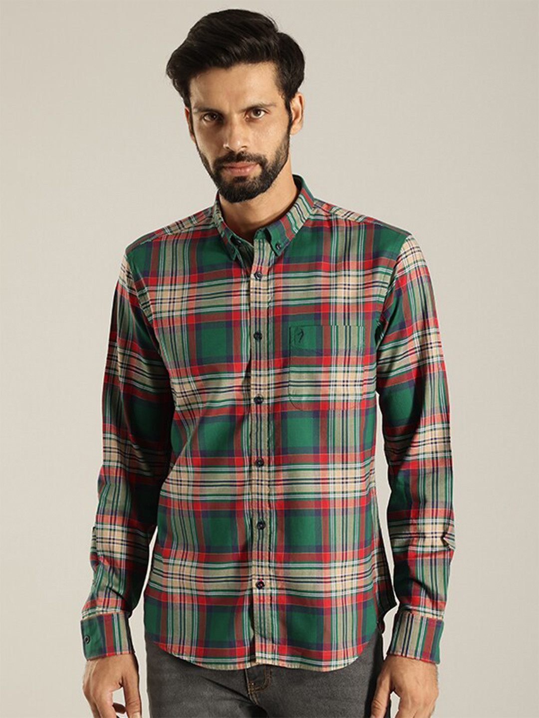 

Indian Terrain India Slim Tartan Checked Pure Cotton Casual Shirt, Green