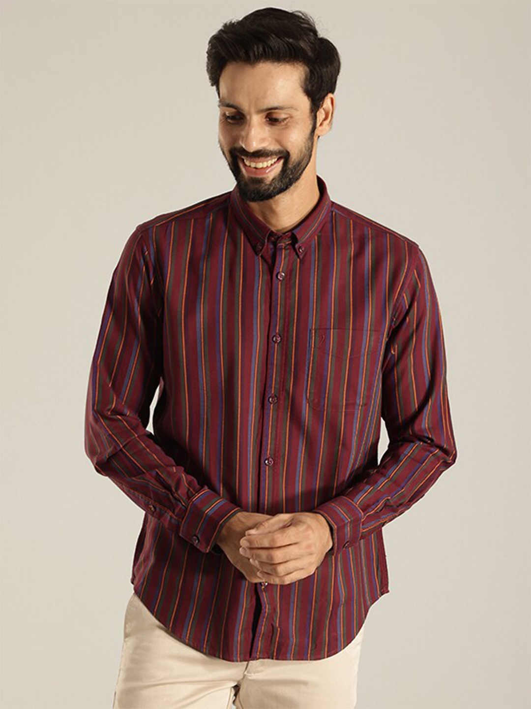 

Indian Terrain India Slim Slim Fit Vertical Striped Button-Down Collar Cotton Casual Shirt, Burgundy