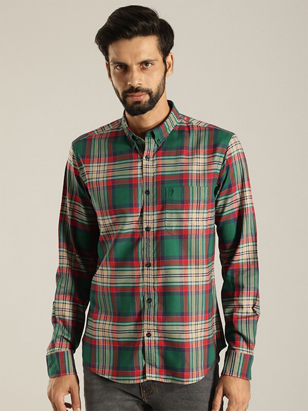 

Indian Terrain Slim Fit Tartan Checked Casual Shirt, Green