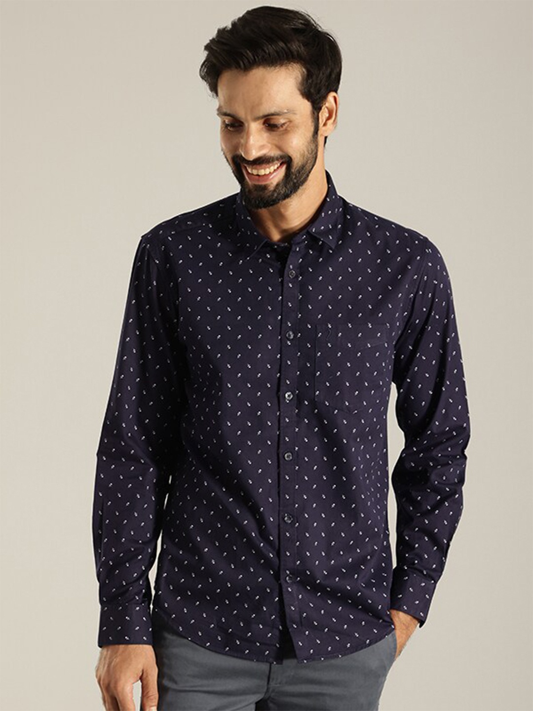 

Indian Terrain India Slim Micro Ditsy Printed Slim Fit Pure Cotton Casual Shirt, Navy blue