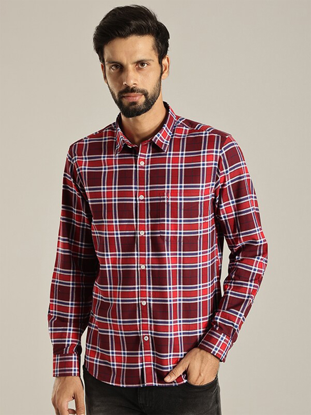 

Indian Terrain India Slim Fit Tartan Checked Pure Cotton Casual Shirt, Red