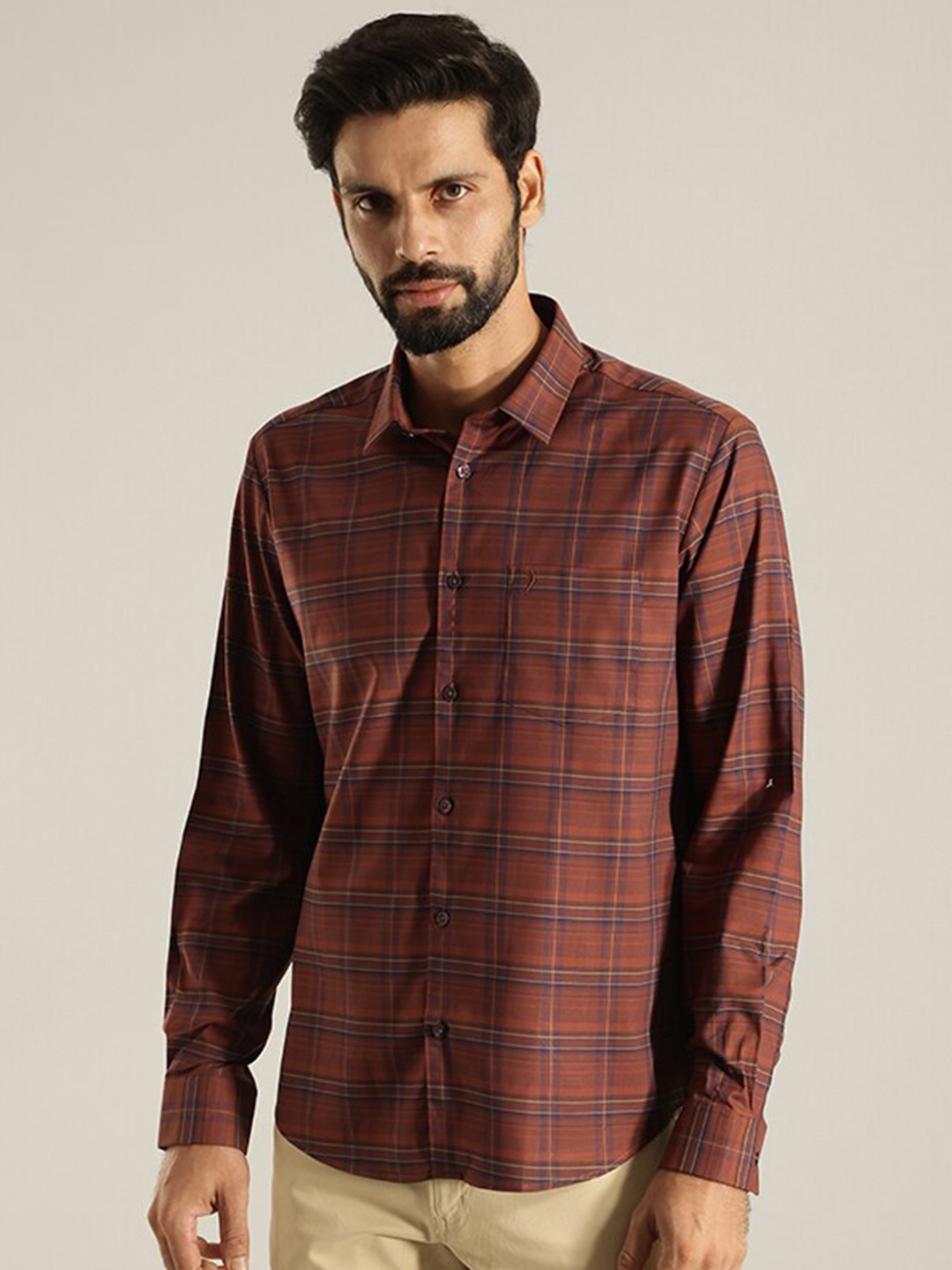 

Indian Terrain Slim Indian Slim Fit Spread Collar Winowpane Printed Cotton Casual Shirt, Rust