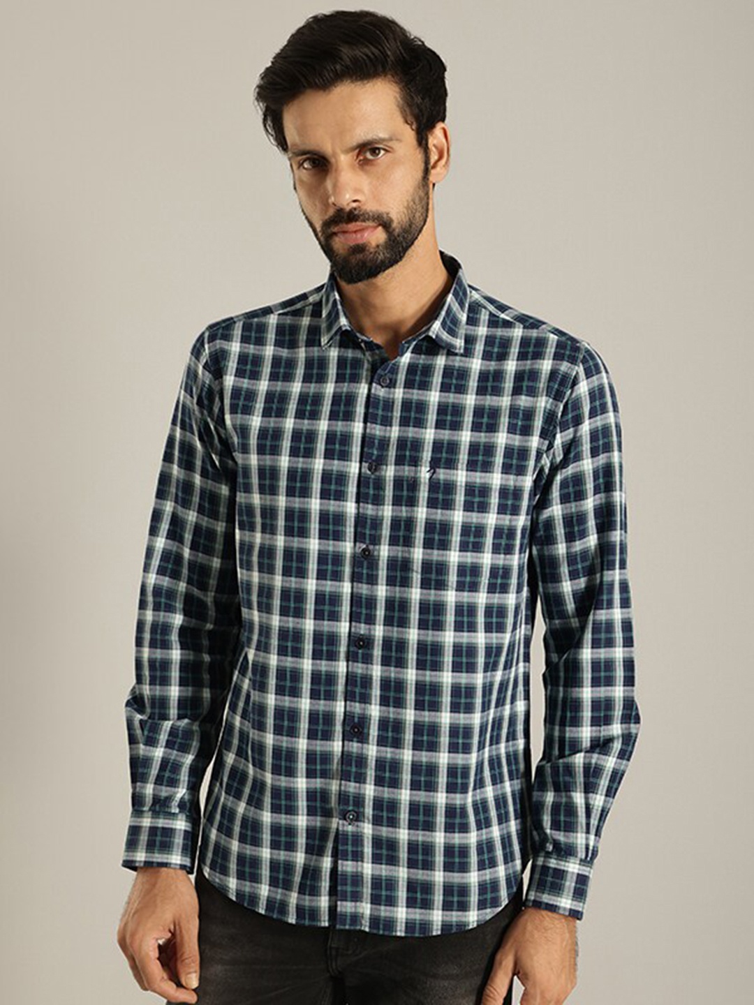 

Indian Terrain India Slim Tartan Checked Pure Cotton Casual Shirt, Blue