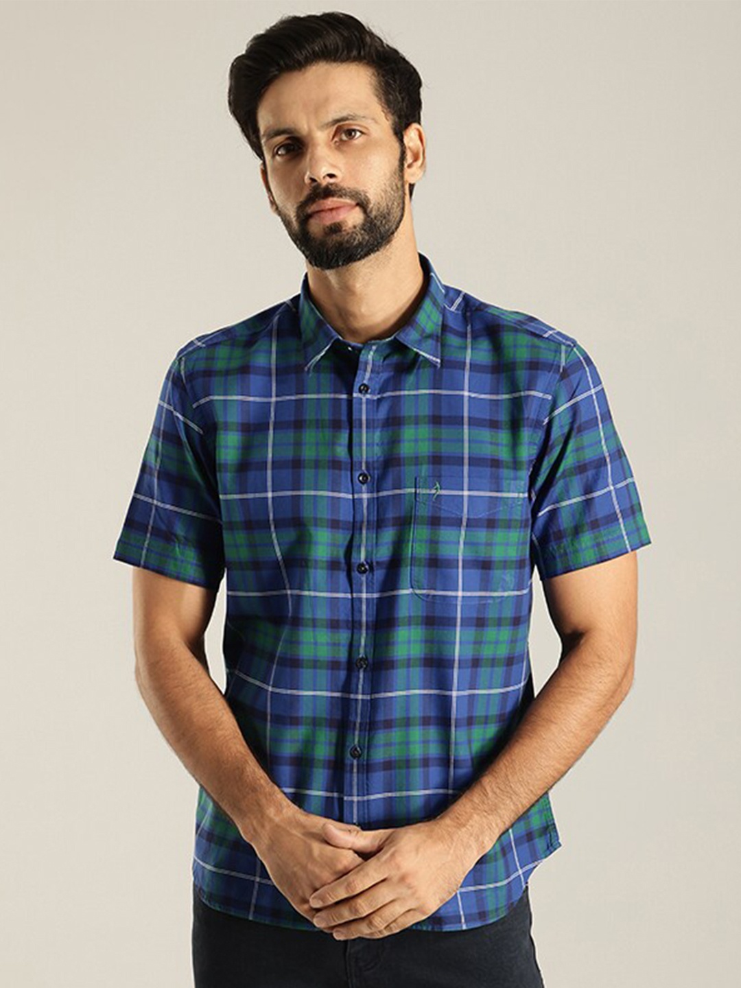 

Indian Terrain India Slim Tartan Checked Pure Cotton Casual Shirt, Blue