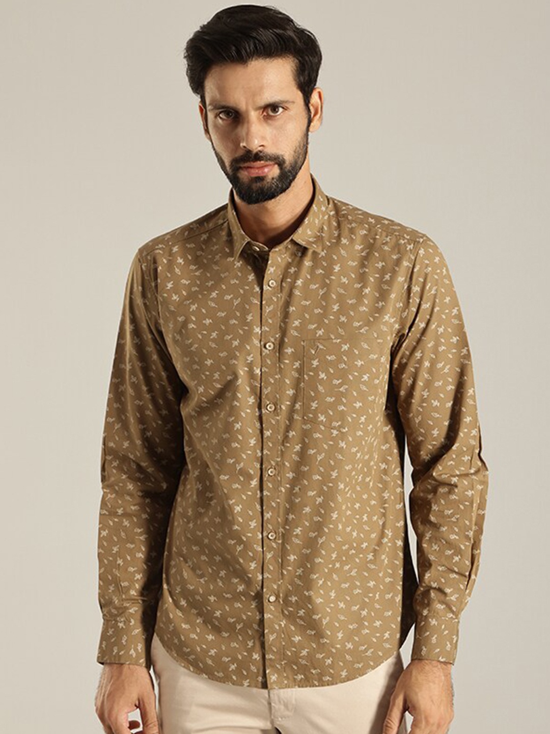 

Indian Terrain Floral Printed Slim Fit Pure Cotton Casual Shirt, Brown