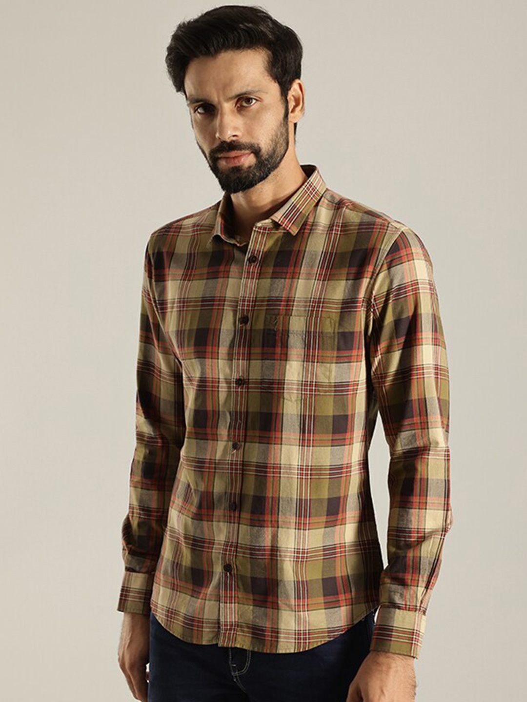 

Indian Terrain Chiseled Slim Checked Printed Slim Fit Spread Collar Cotton Casual Shirt, Brown