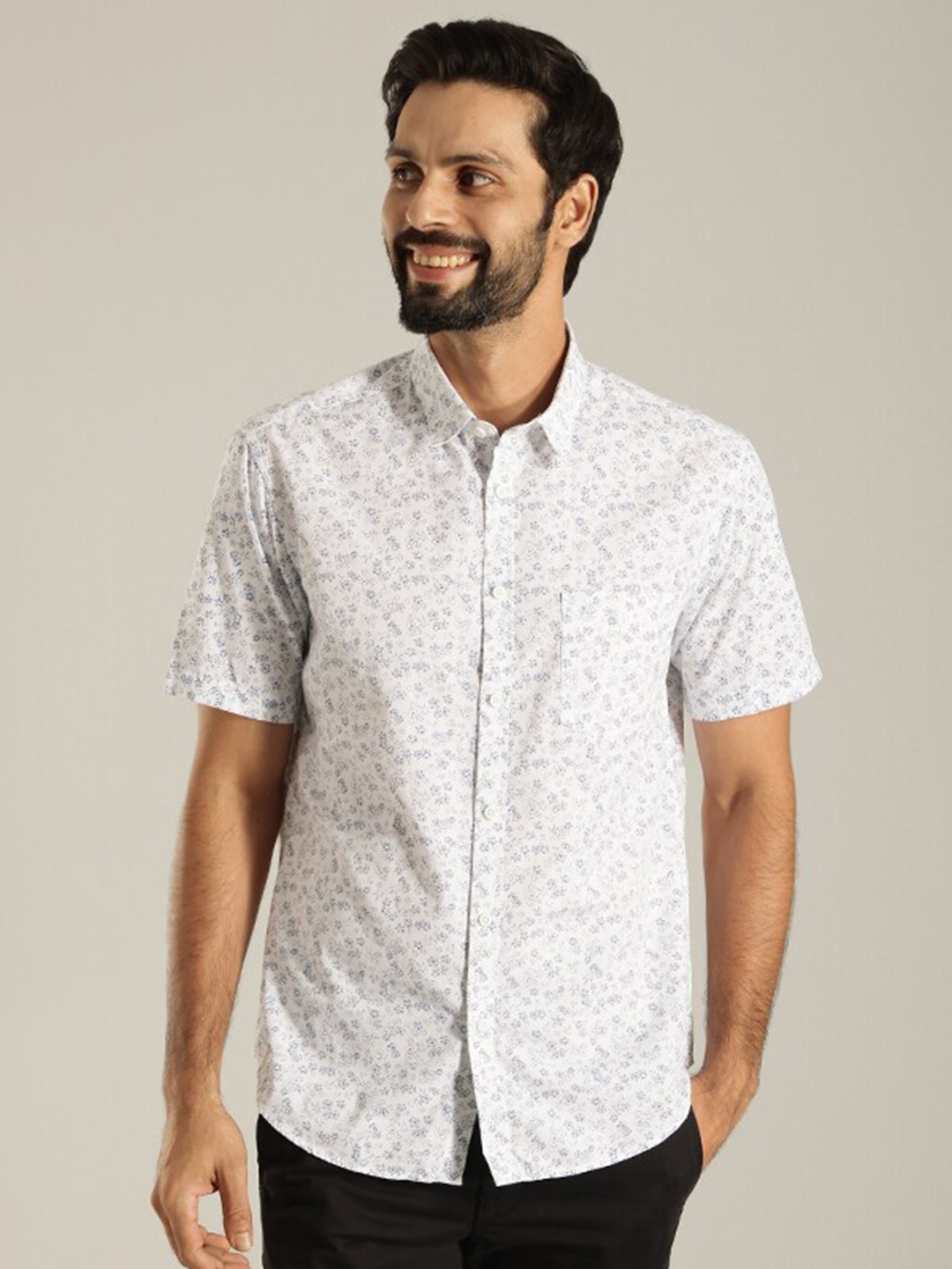 

Indian Terrain India Slim Fit Floral Printed Casual Pure Cotton Shirt, White